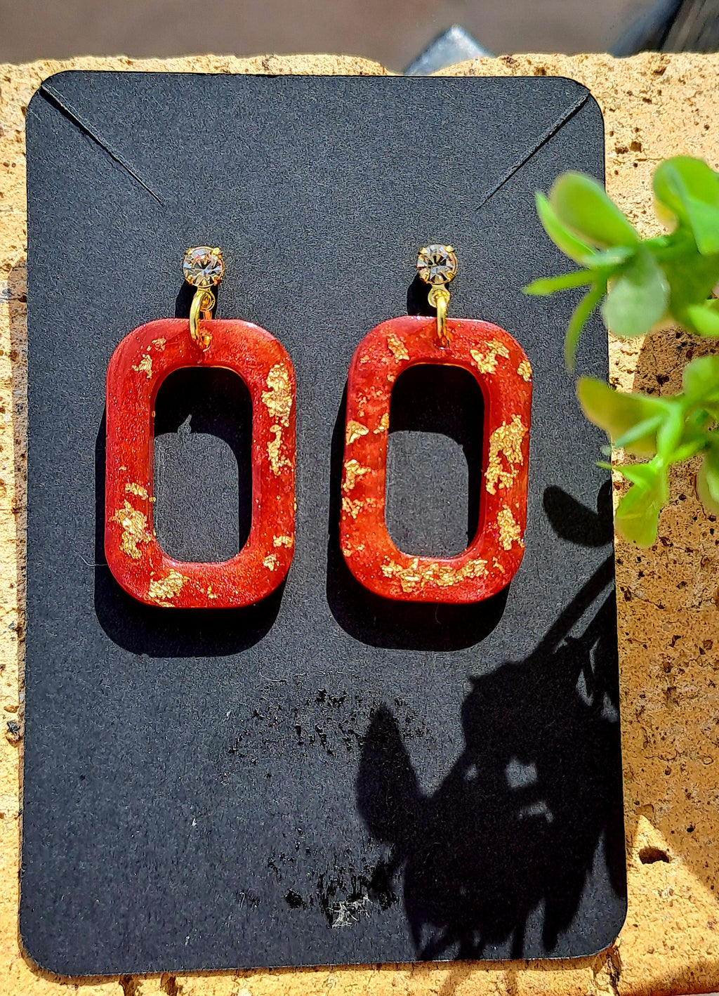 Boucles d'oreilles artisanales rectangulaires brique et doré