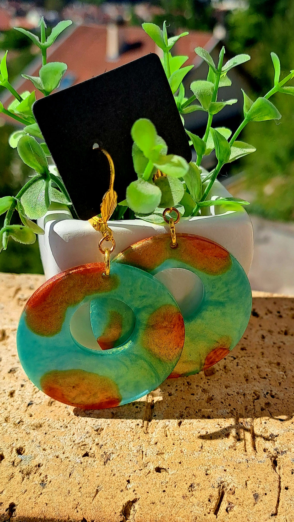 Boucles d'oreilles artisanales vert et cuivre