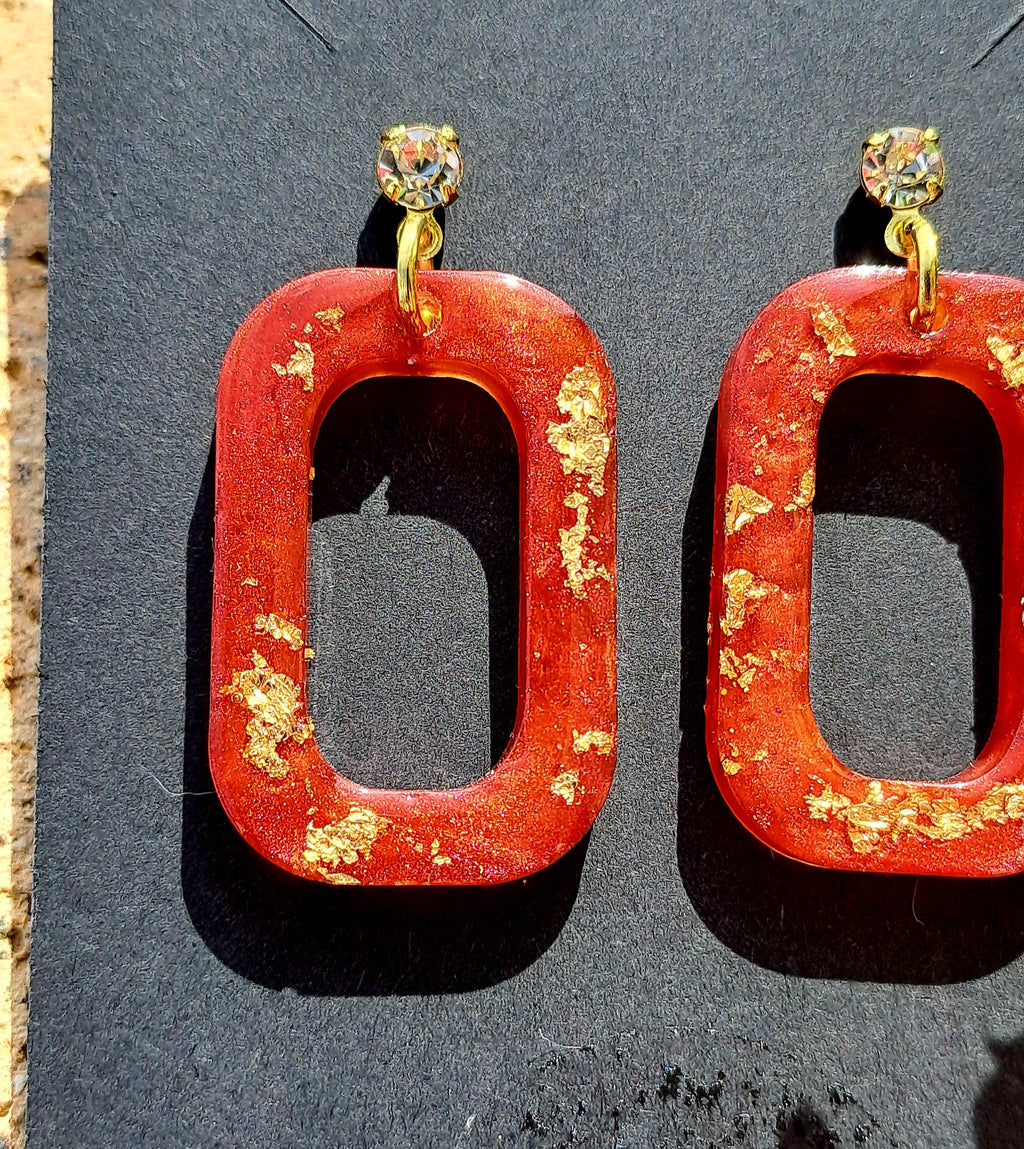 Boucles d'oreilles artisanales rectangulaires brique et doré