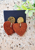 Boucles d'oreilles artisanales coeur orangé brique paillettes 🩷