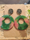 Boucles d'oreilles artisanales rondes vert olive et vieux rose